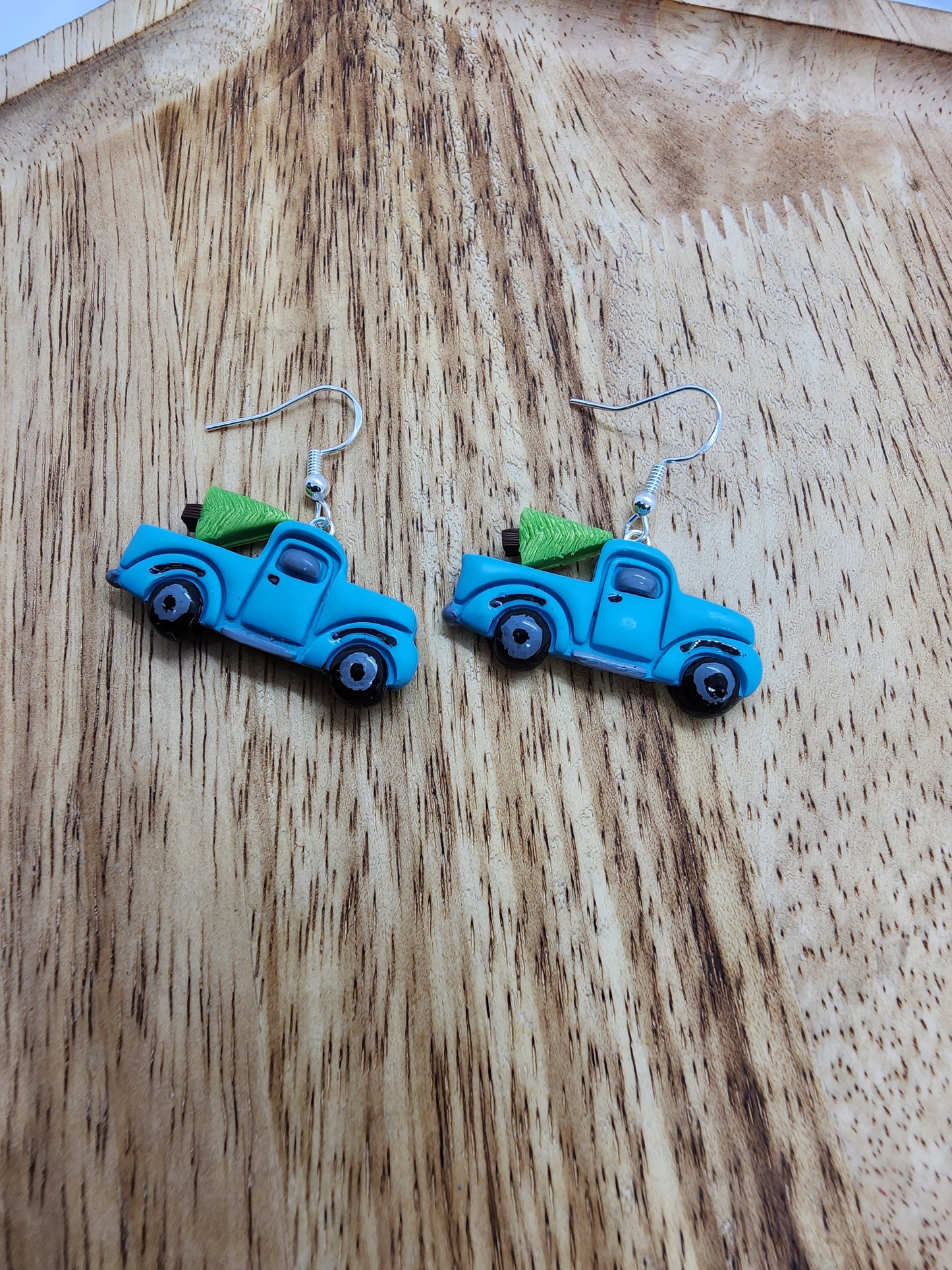Blue Truck Christmas Tree Earrings