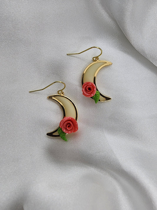 Crescent Moons with Pink Rose Clay Earrings