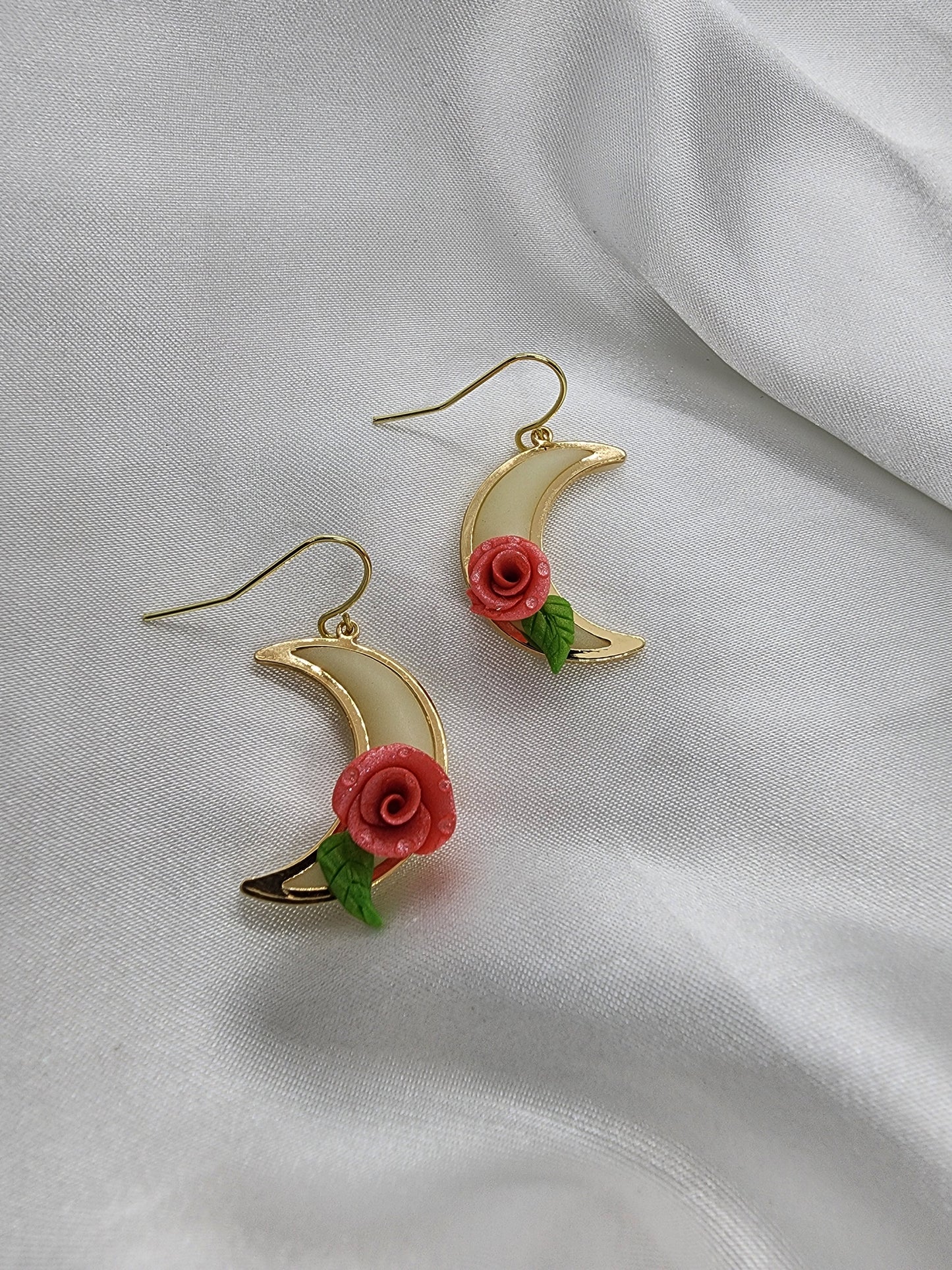 Crescent Moons with Pink Rose Clay Earrings