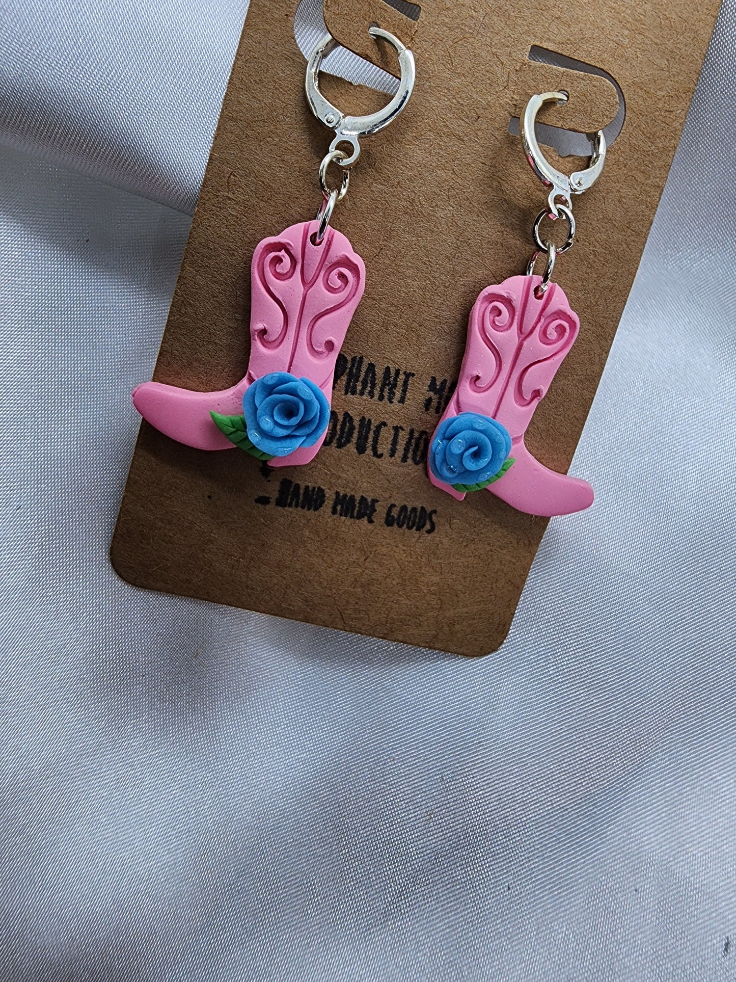 Pink Cowgirl Boots with Blue Roses leverback earrings