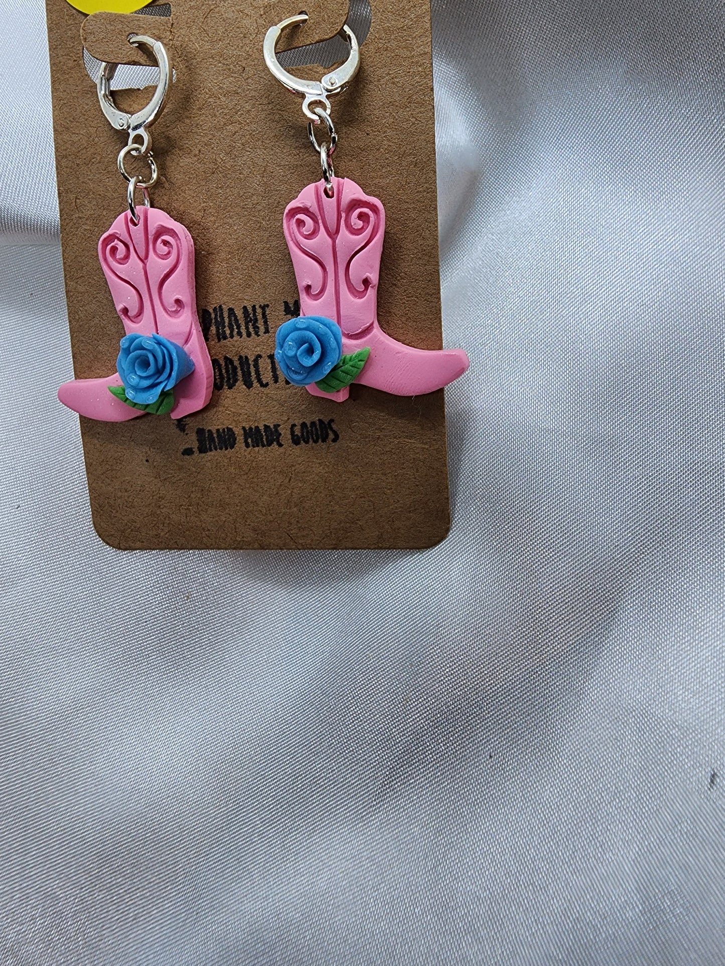 Pink Cowgirl Boots with Blue Roses leverback earrings
