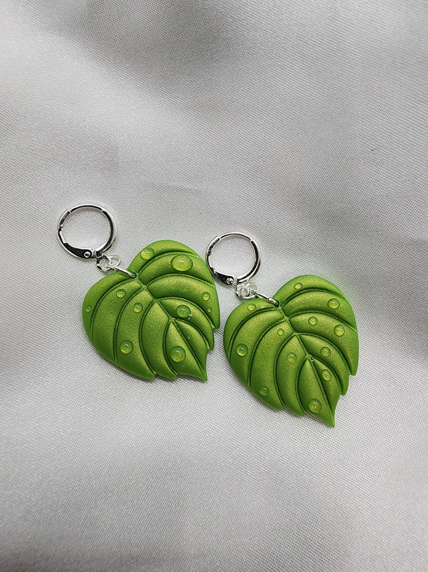 Tropical Leaf with Water Droplets Earrings