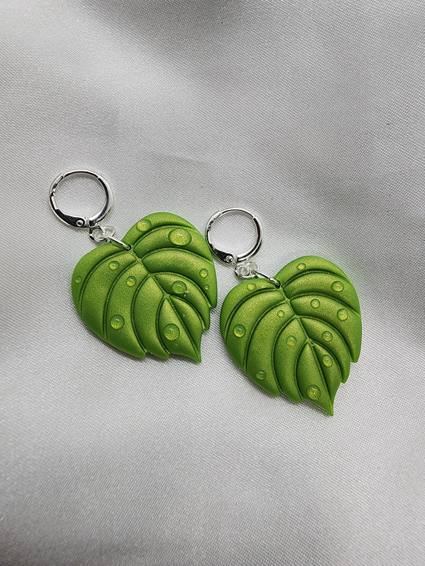 Tropical Leaf with Water Droplets Earrings