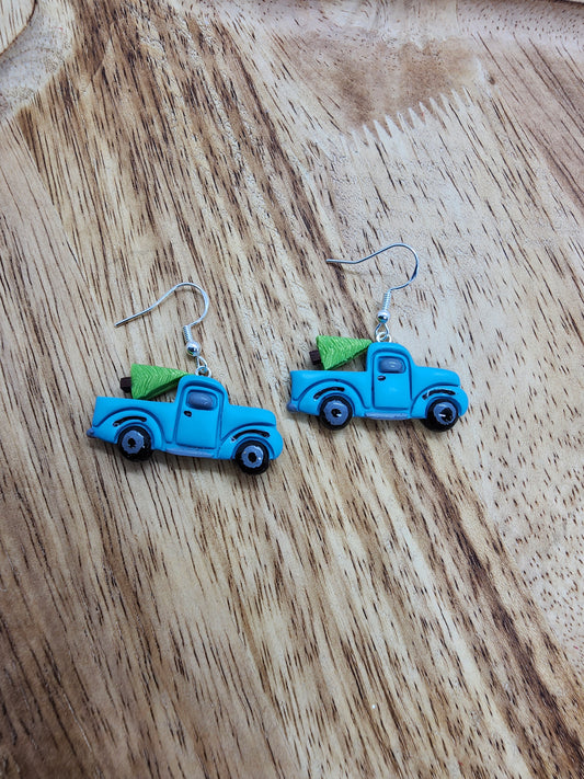 Blue Truck Christmas Tree Earrings