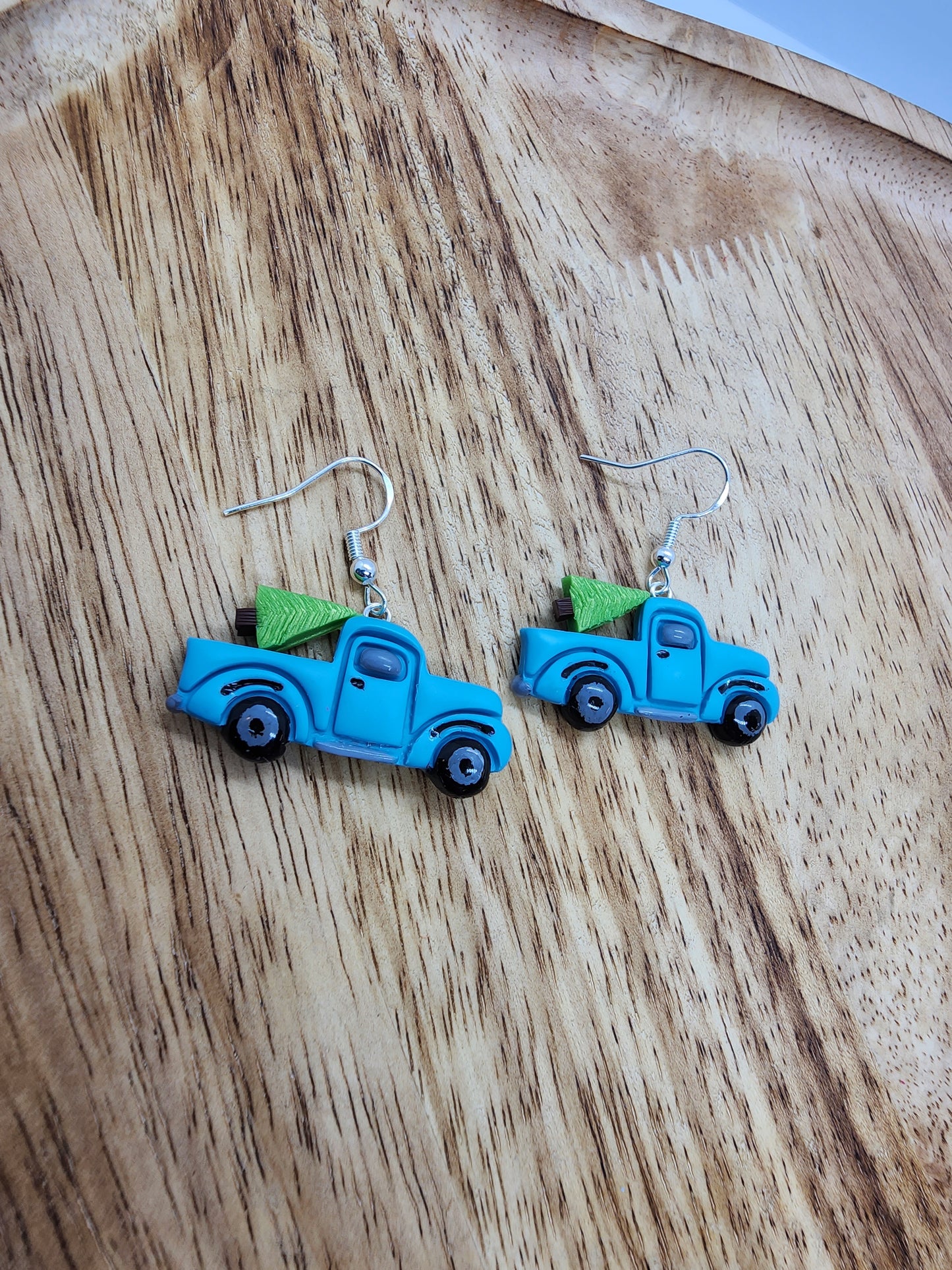 Blue Truck Christmas Tree Earrings