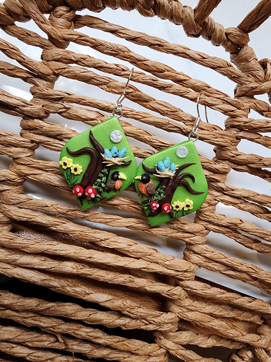 Robins in a Tree Springtime Nature handmade Earrings