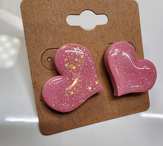 Glittery Pink Heart Large Stud Earrings