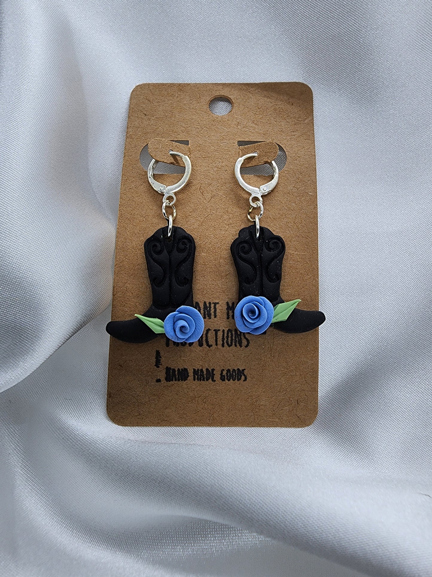 Blue Rose Cowgirl Boot Leverback Earrings