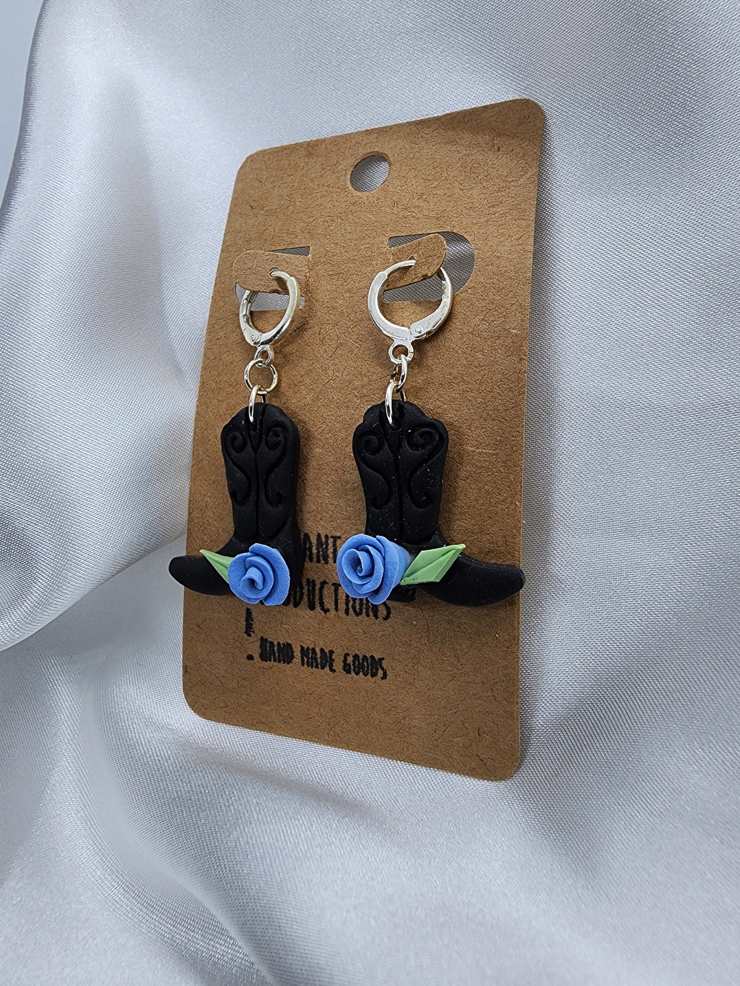 Blue Rose Cowgirl Boot Leverback Earrings