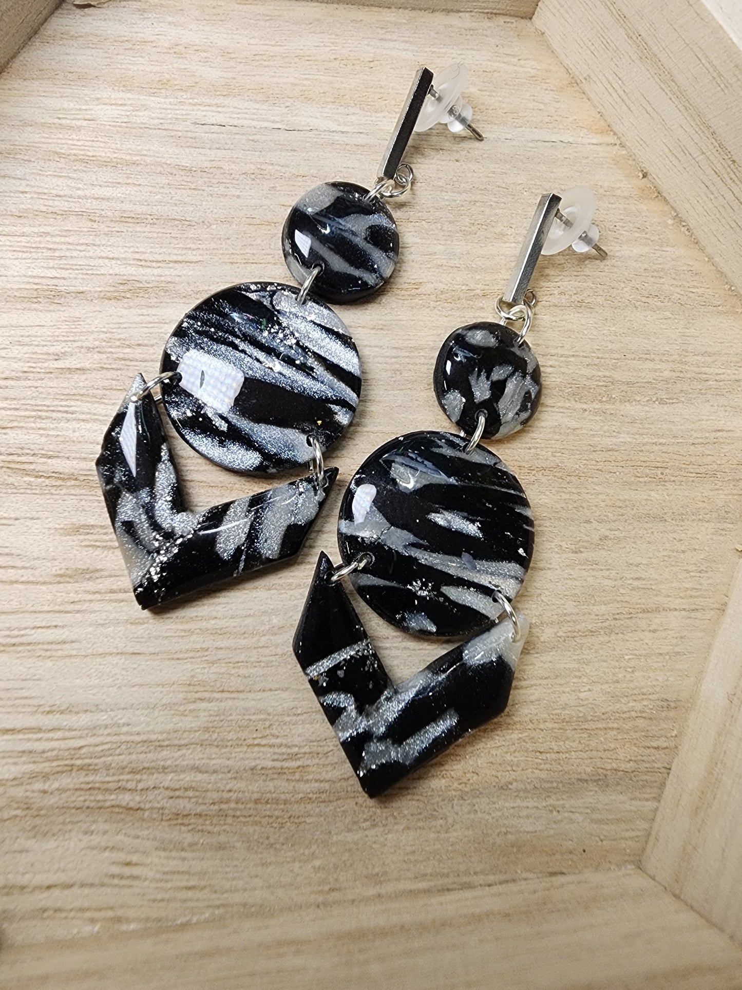 Marbled Shimmery Black & White Clay Earrings