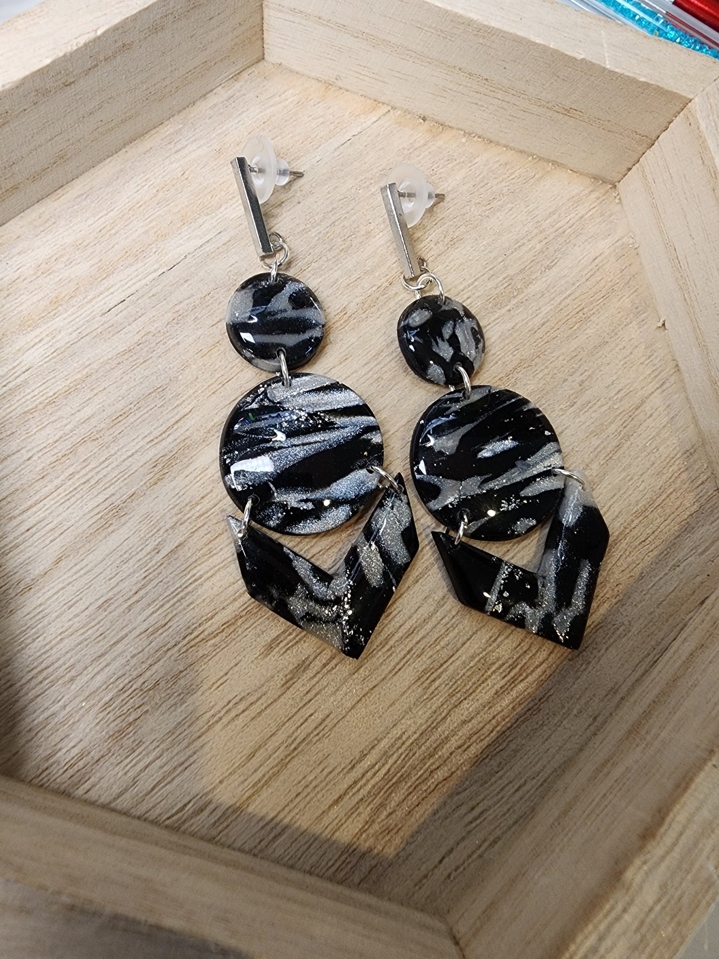 Marbled Shimmery Black & White Clay Earrings