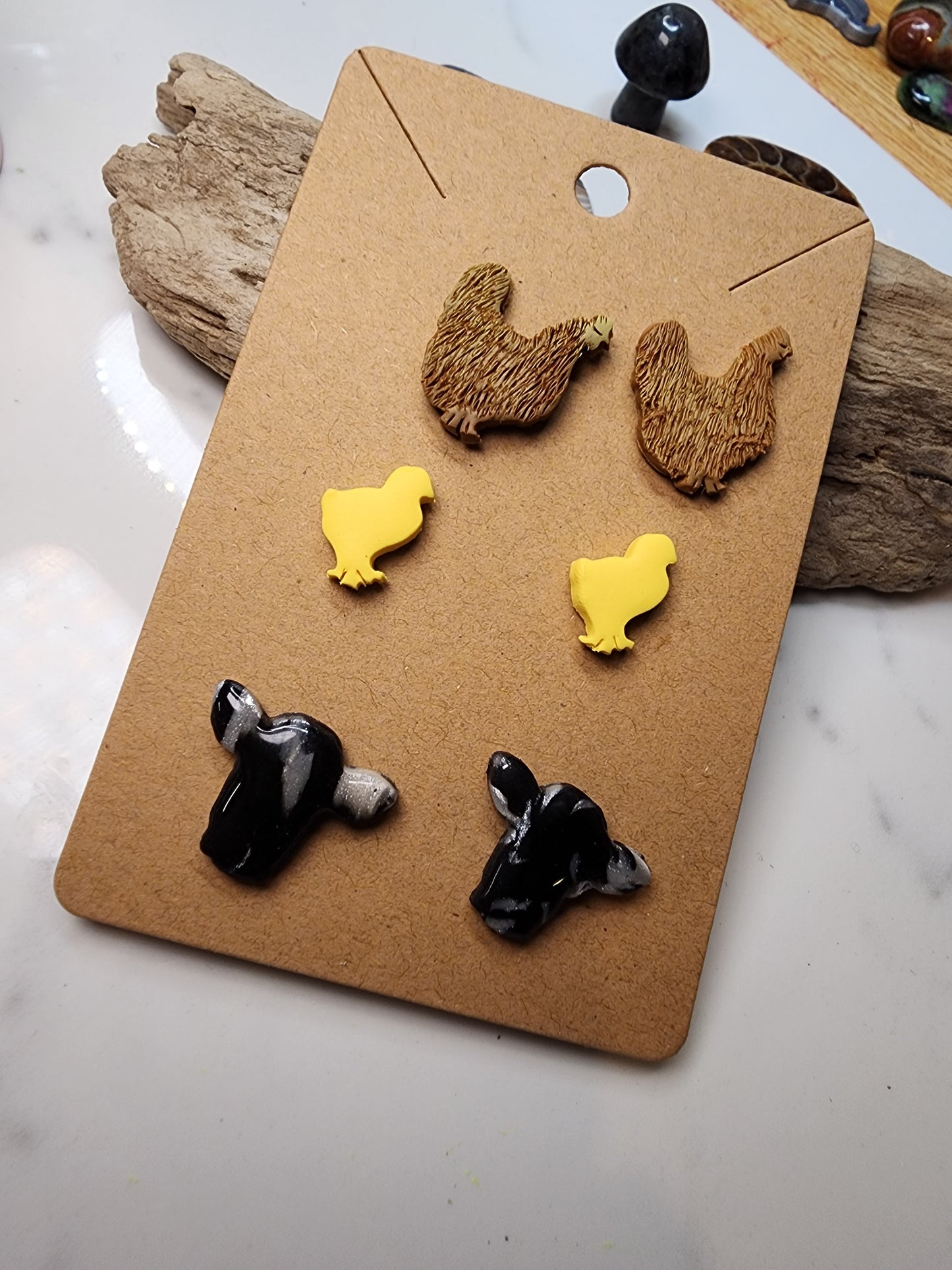 Hen, Chick, and Moo Cow Stud Earrings
